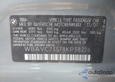 2008 BMW 328Xi from USA, damaged, VIN WBAVC73578KP38226